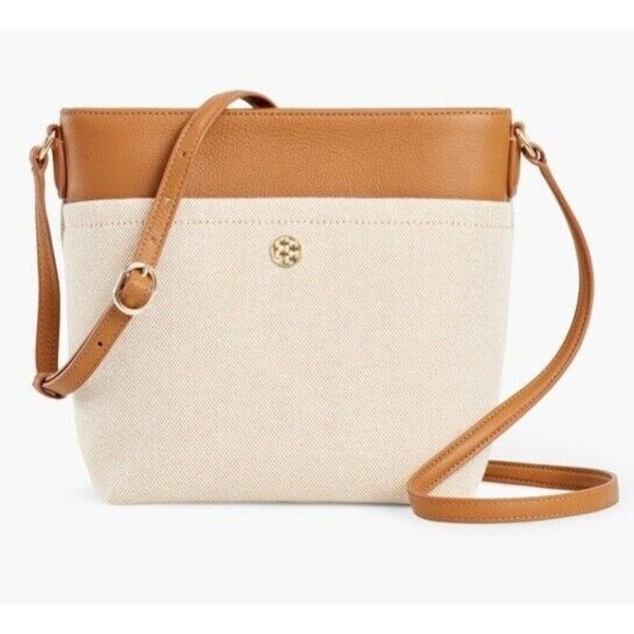 Talbots Crossbody Bucket Purse Bag Leather Trim‎ Beige Minimal Small NEW $119 - Picture 1 of 11